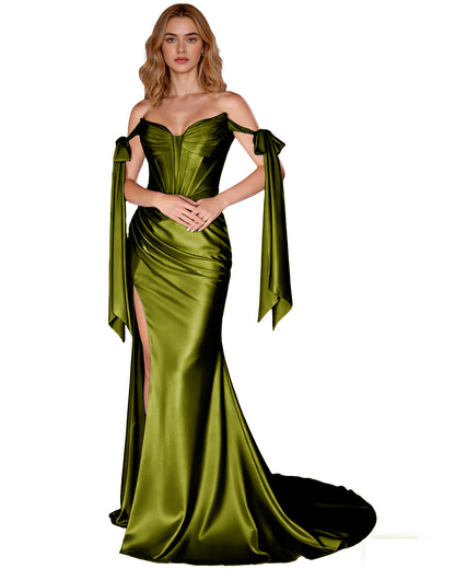 Off Shoulder Satin Mermaid Prom Dress with Detachable Long Sleeves