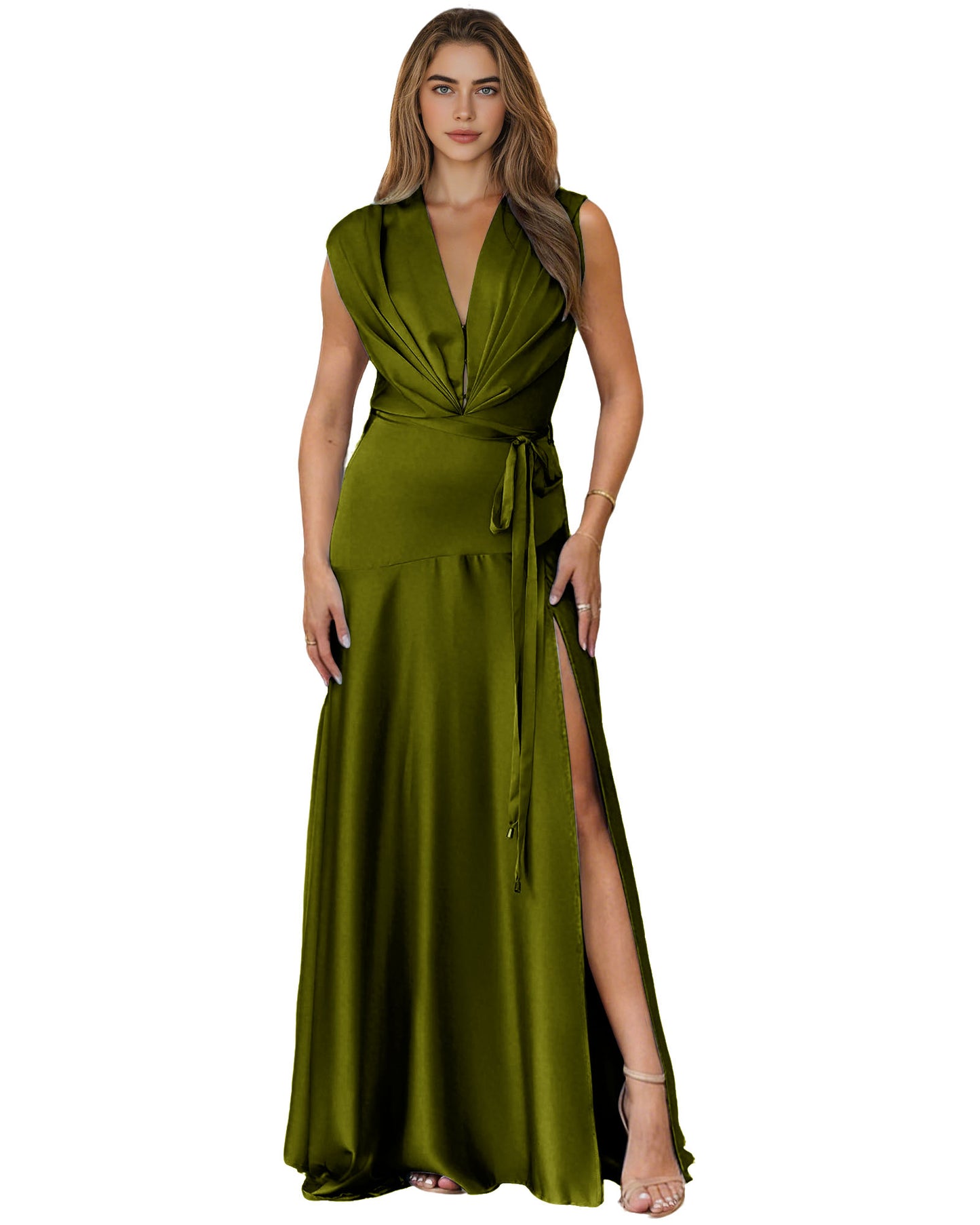 Plunging V-Neck Satin A-Line Prom Dress with Wrap Waist and Slit