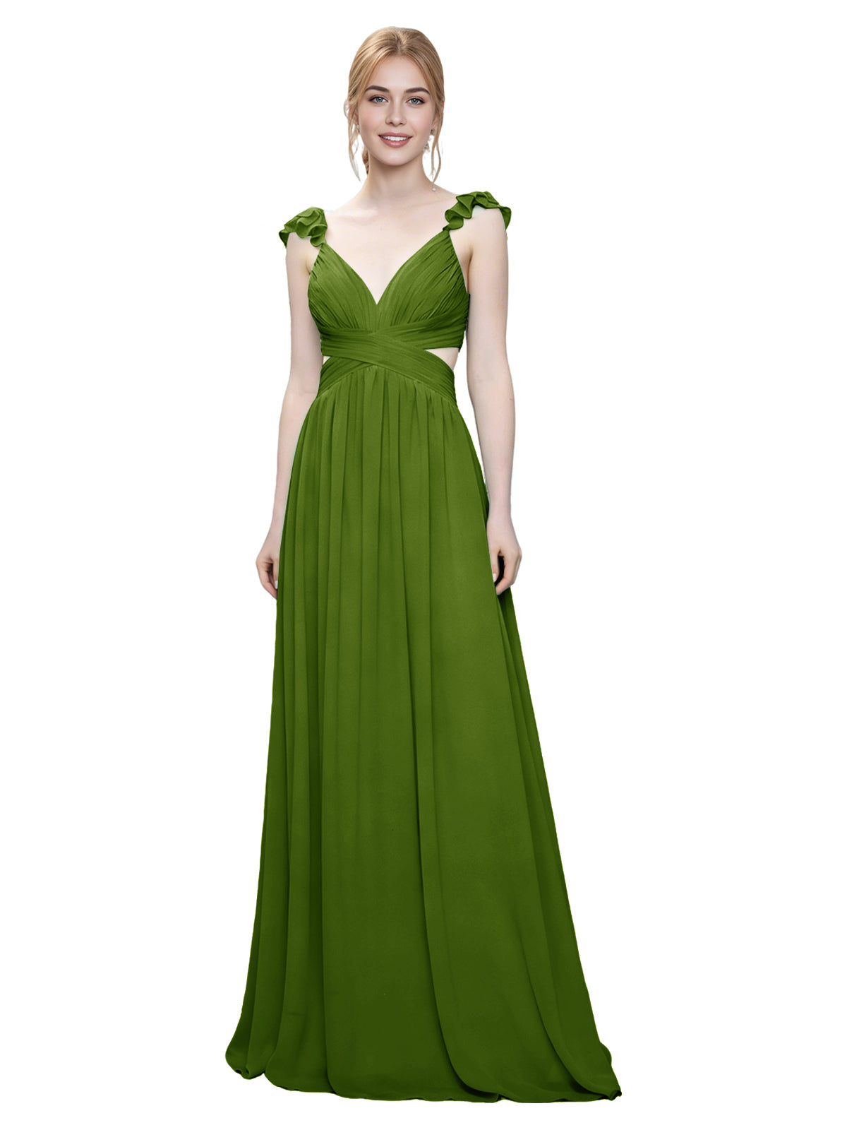 Ruffle Strap V-Neck Tulle Bridesmaid Dress with Pleated Waist
