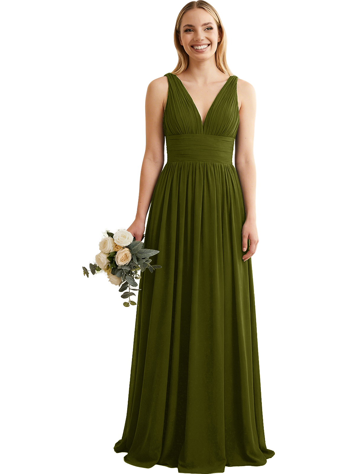 Deep V-Neck Chiffon Bridesmaid Dress with Pleated Waist