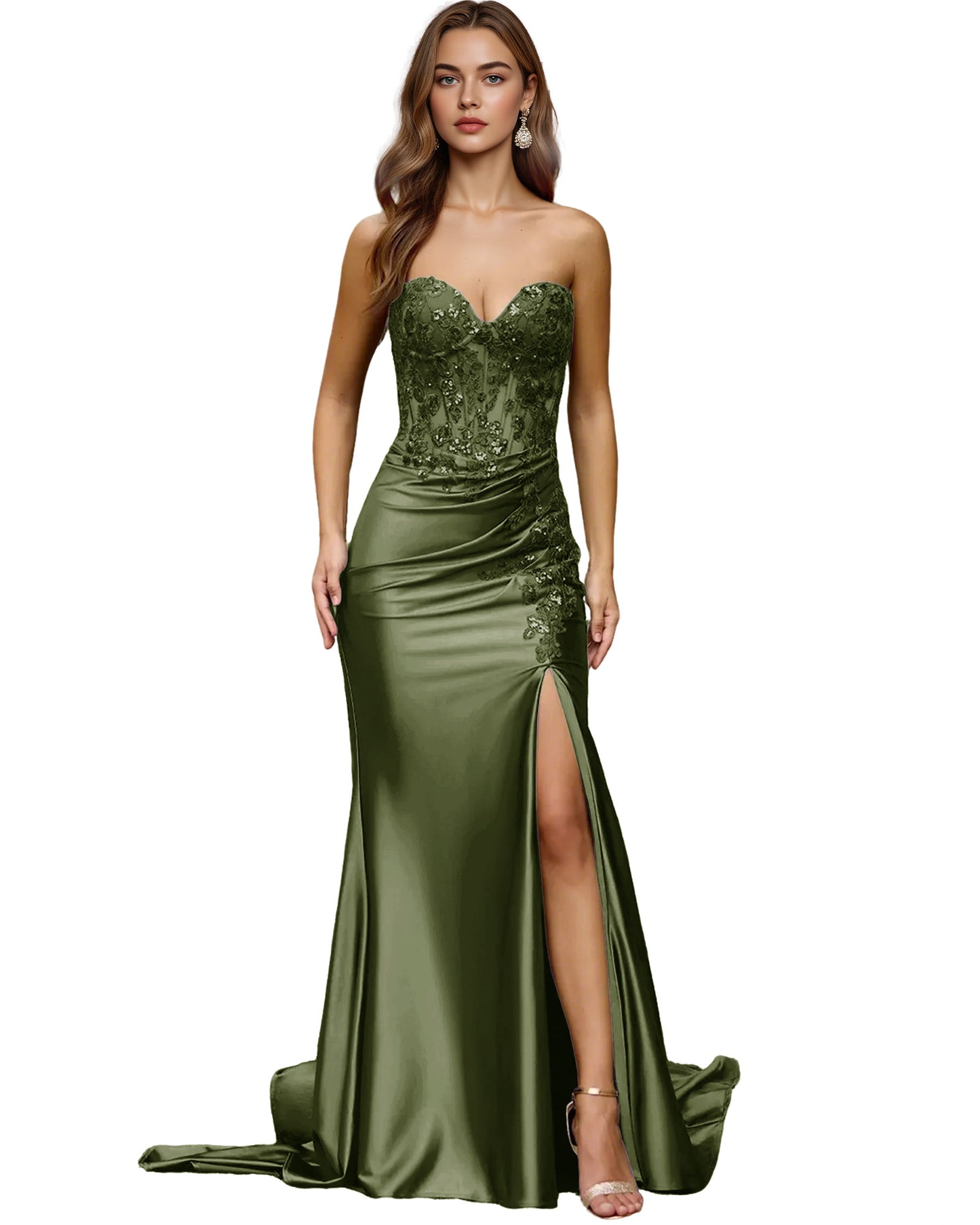 Strapless Emerald Satin Mermaid Prom Dress with Beaded Bodice and Slit