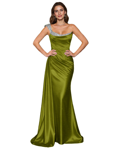 Spaghetti Strap Satin Mermaid Prom Dress with Draped Cowl Neck
