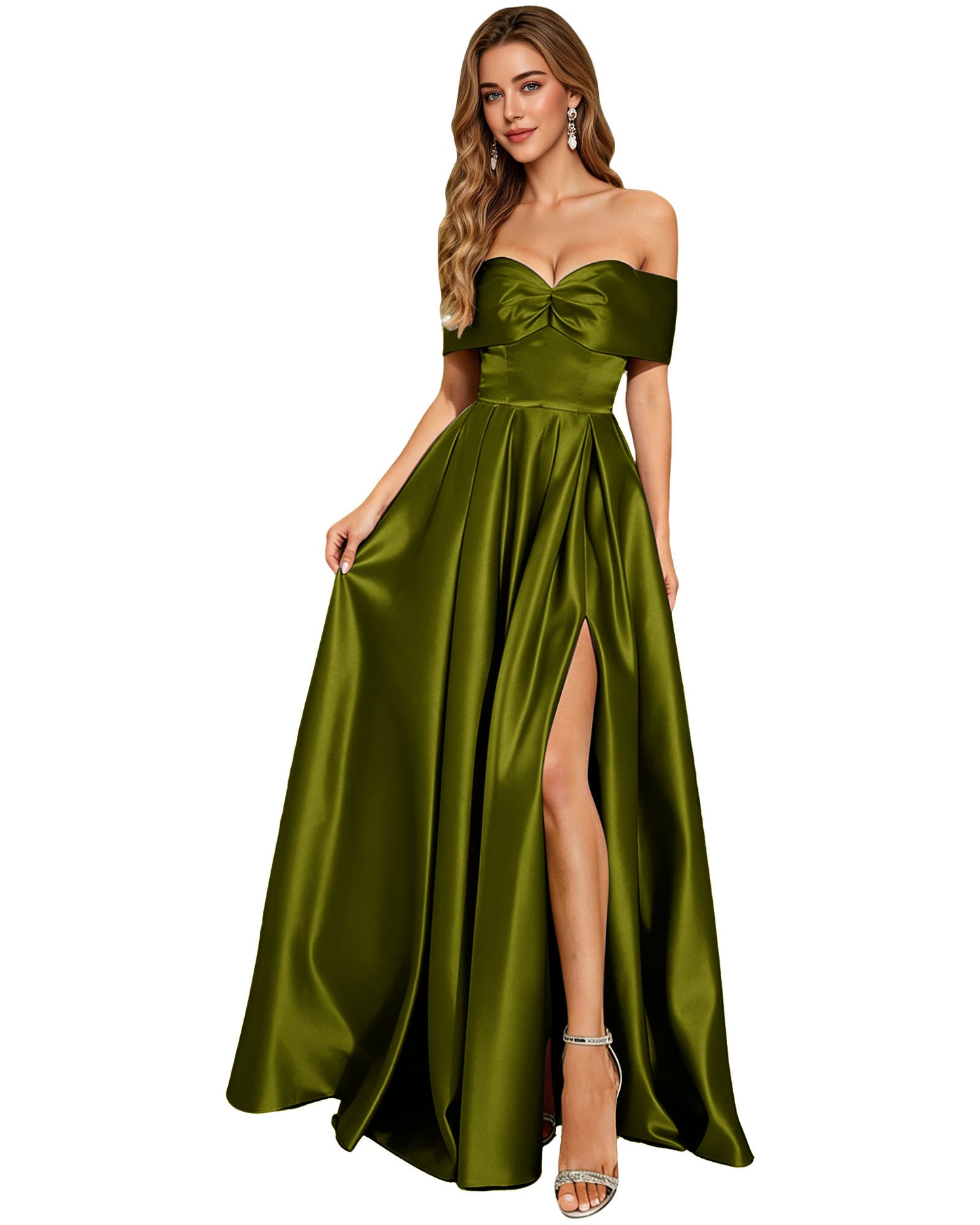 Strapless Bow Satin A-Line Prom Dress with Pleated Bodice and Slit
