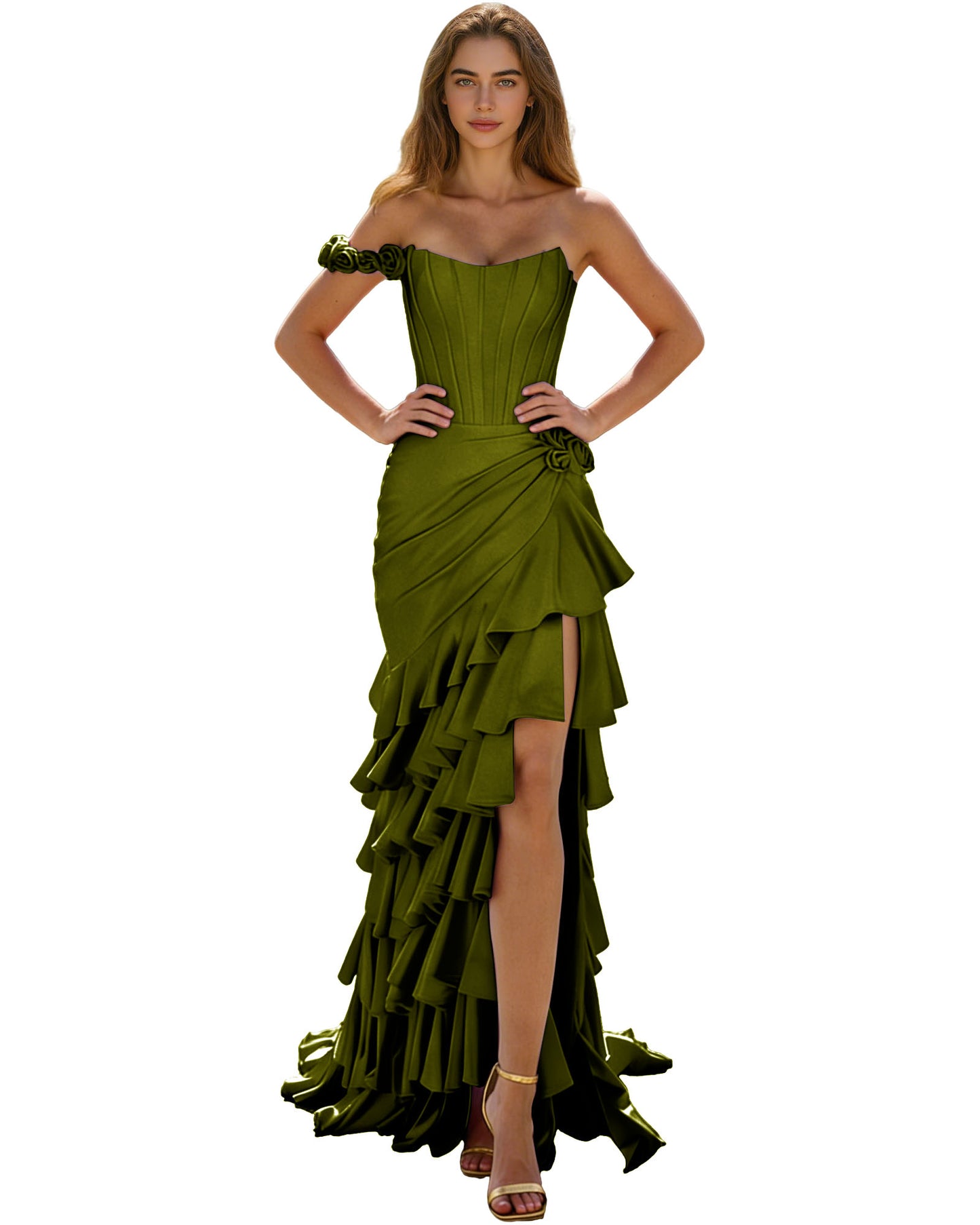 Off Shoulder Ruffle High Low Prom Dress with Tiered dress and Corset Waist