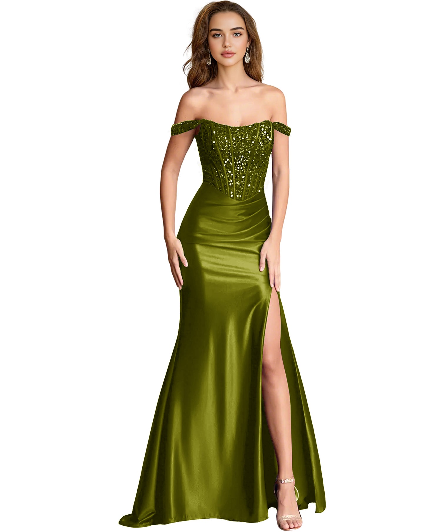 Off Shoulder Sequin Satin Mermaid Dress with Draped dress Slit