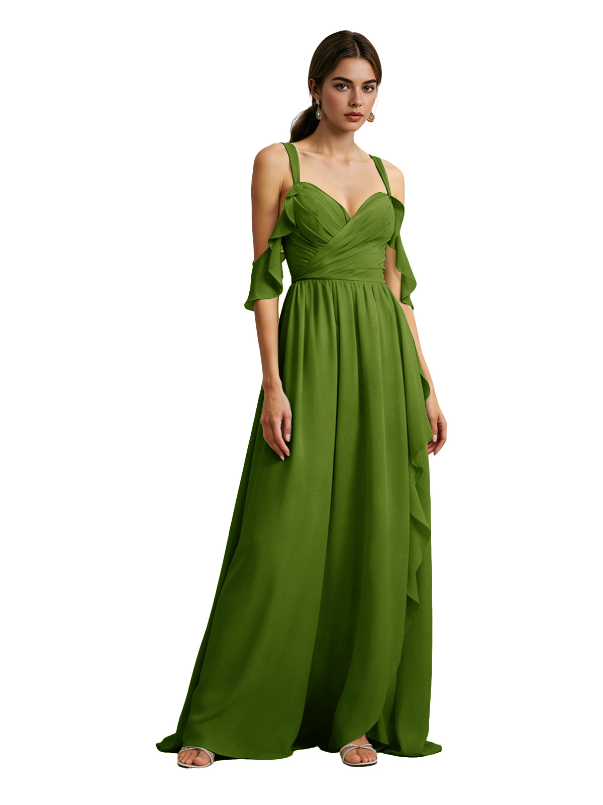 Cold Shoulder Chiffon Bridesmaid Dress with Draped V-Neck Bodice
