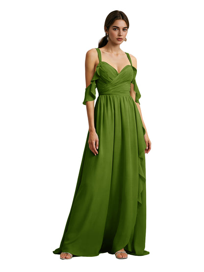 Cold Shoulder Chiffon Bridesmaid Dress with Draped V-Neck Bodice