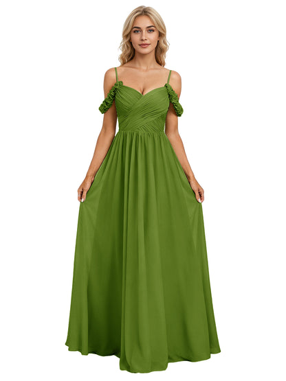 Off Shoulder Lace Applique Bridesmaid Dress with Flowing Chiffon dress