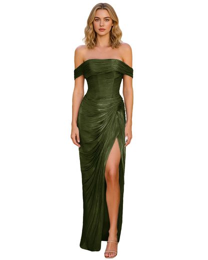 Off Shoulder Ruched Jersey Prom Dress with Wrap Bodice and High Slit