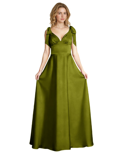 V-Neck Bow Strap Satin Bridesmaid Dress with Empire Waist