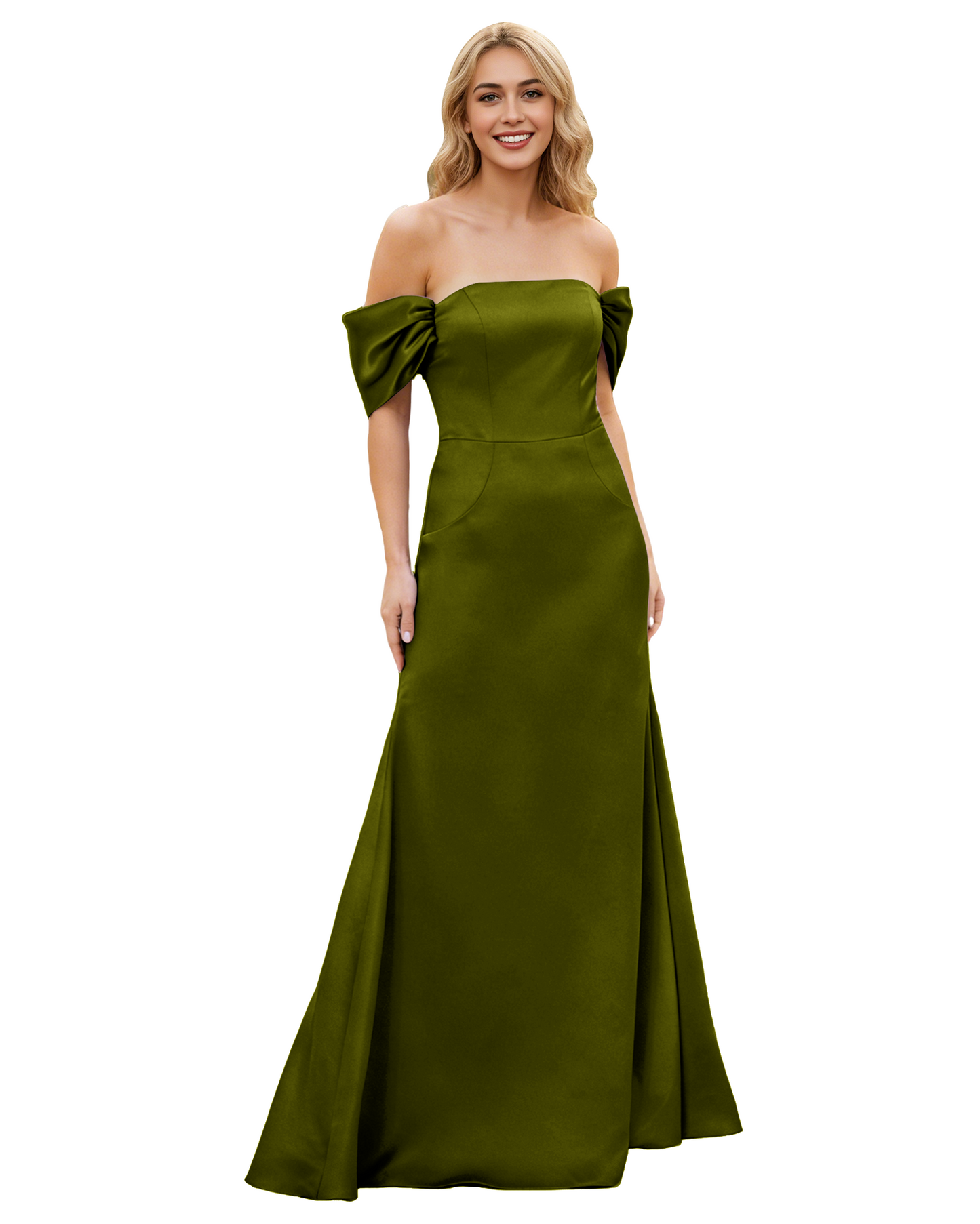 Off Shoulder Satin Bridesmaid Dress with Foldover Neckline and Trumpet Dress
