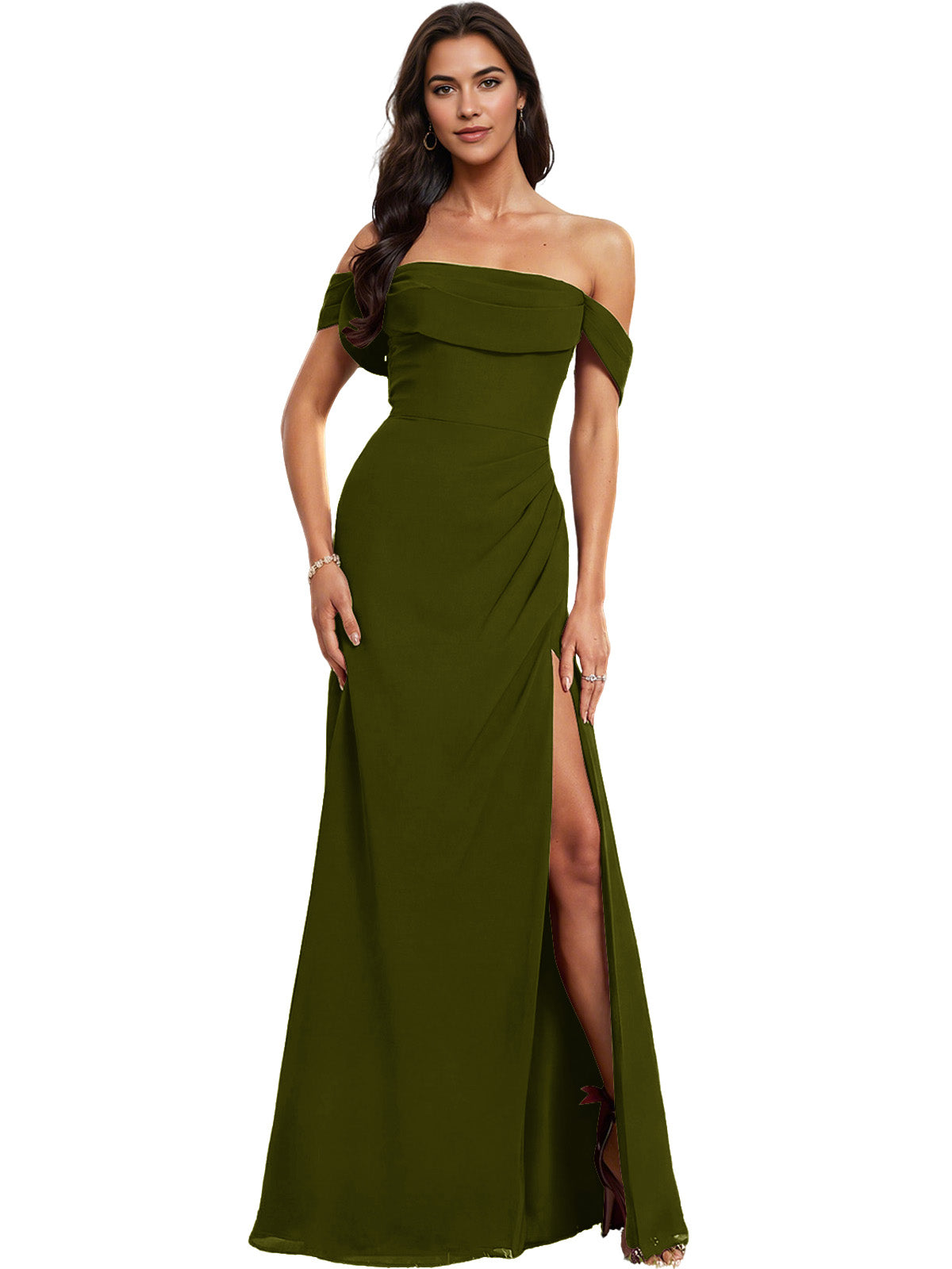 Off Shoulder Crepe Bridesmaid Dress with Foldover Neckline and Slit