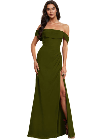 Off Shoulder Crepe Bridesmaid Dress with Foldover Neckline and Slit