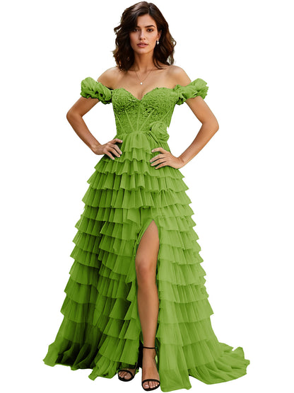 Off Shoulder Tulle Ball Gown Prom Dress with Ruffle Sleeves and Slit