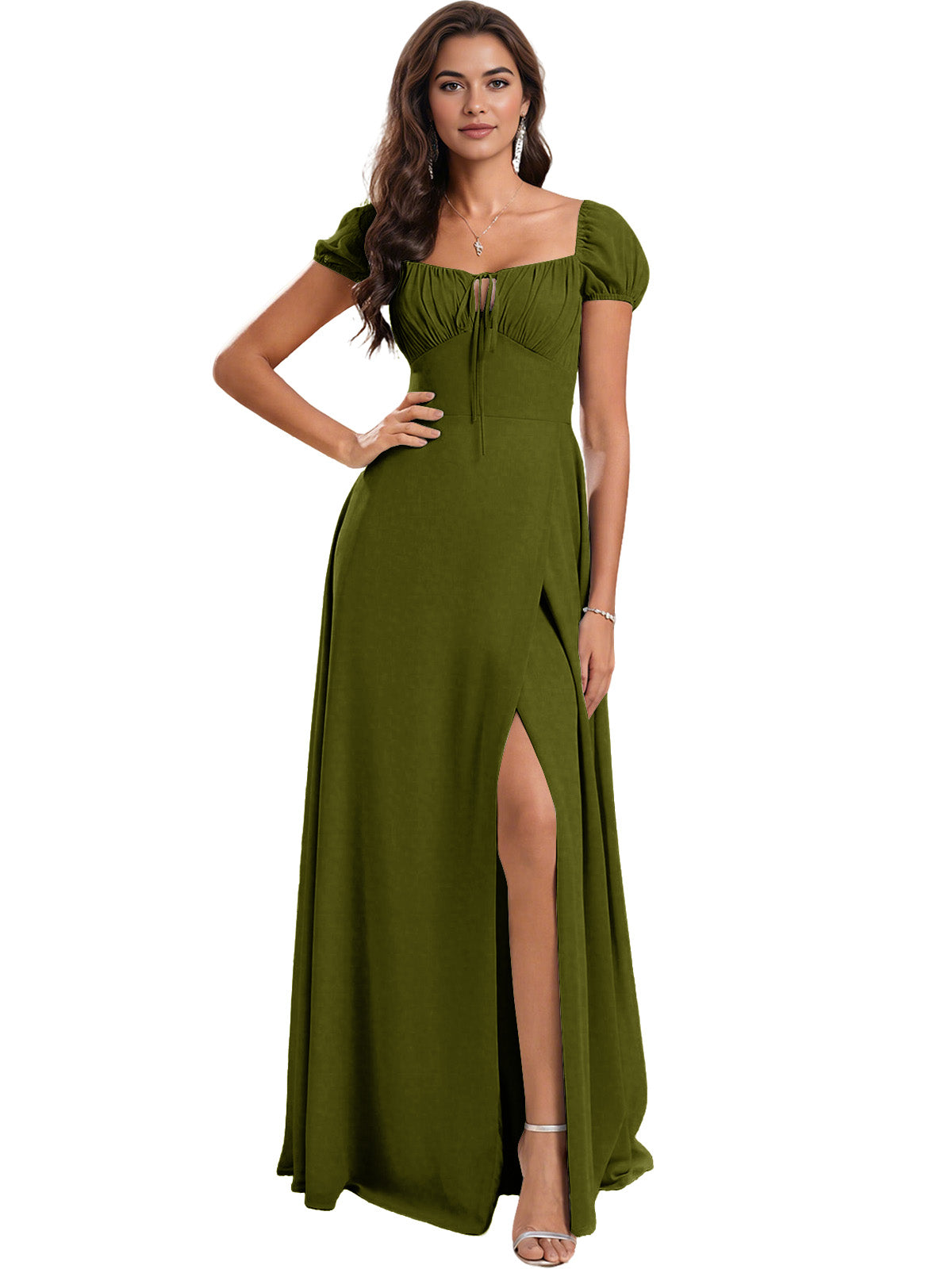 Ruched Short Sleeve Chiffon Bridesmaid Dress with Side Slit