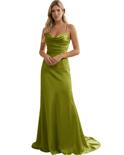 Spaghetti Straps Ruched Satin Floor Length Bridesmaid Dress