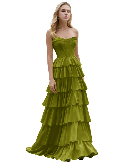 Strapless Tiered Ruffle A-Line Prom Dress with Corset Bodice