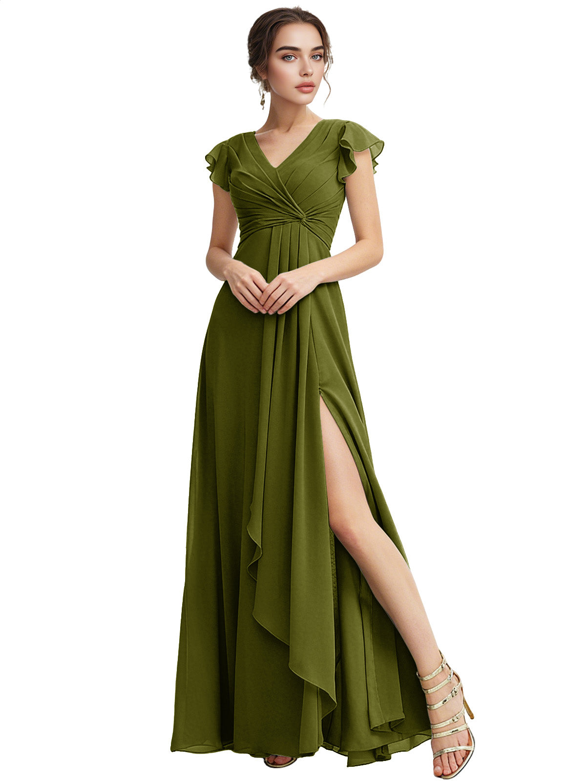 Cap Sleeve Chiffon Bridesmaid Dress with Ruffle V-Neck and Slit