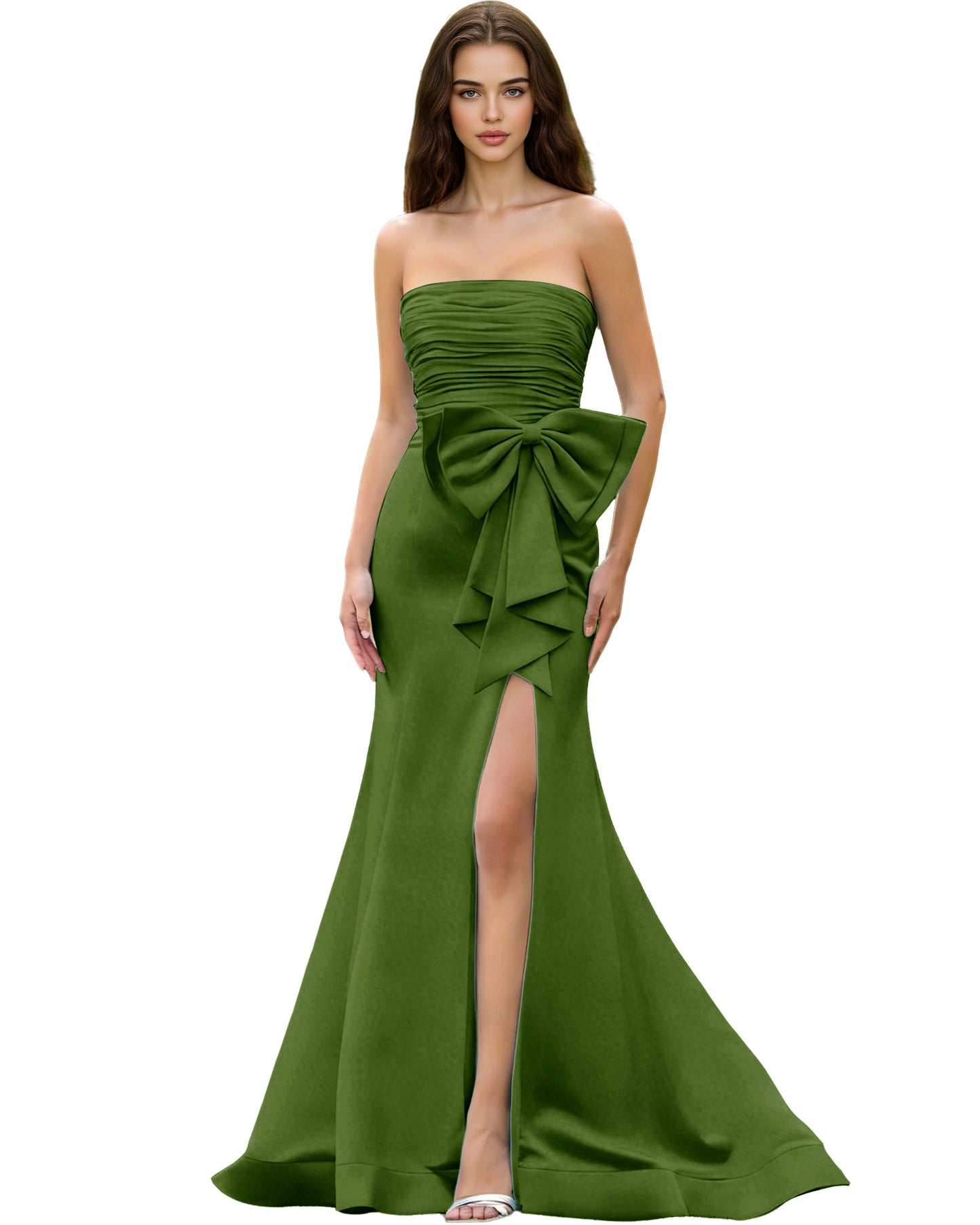 Strapless Bow Detail Satin Prom Dress with Ruched Bodice and Slit