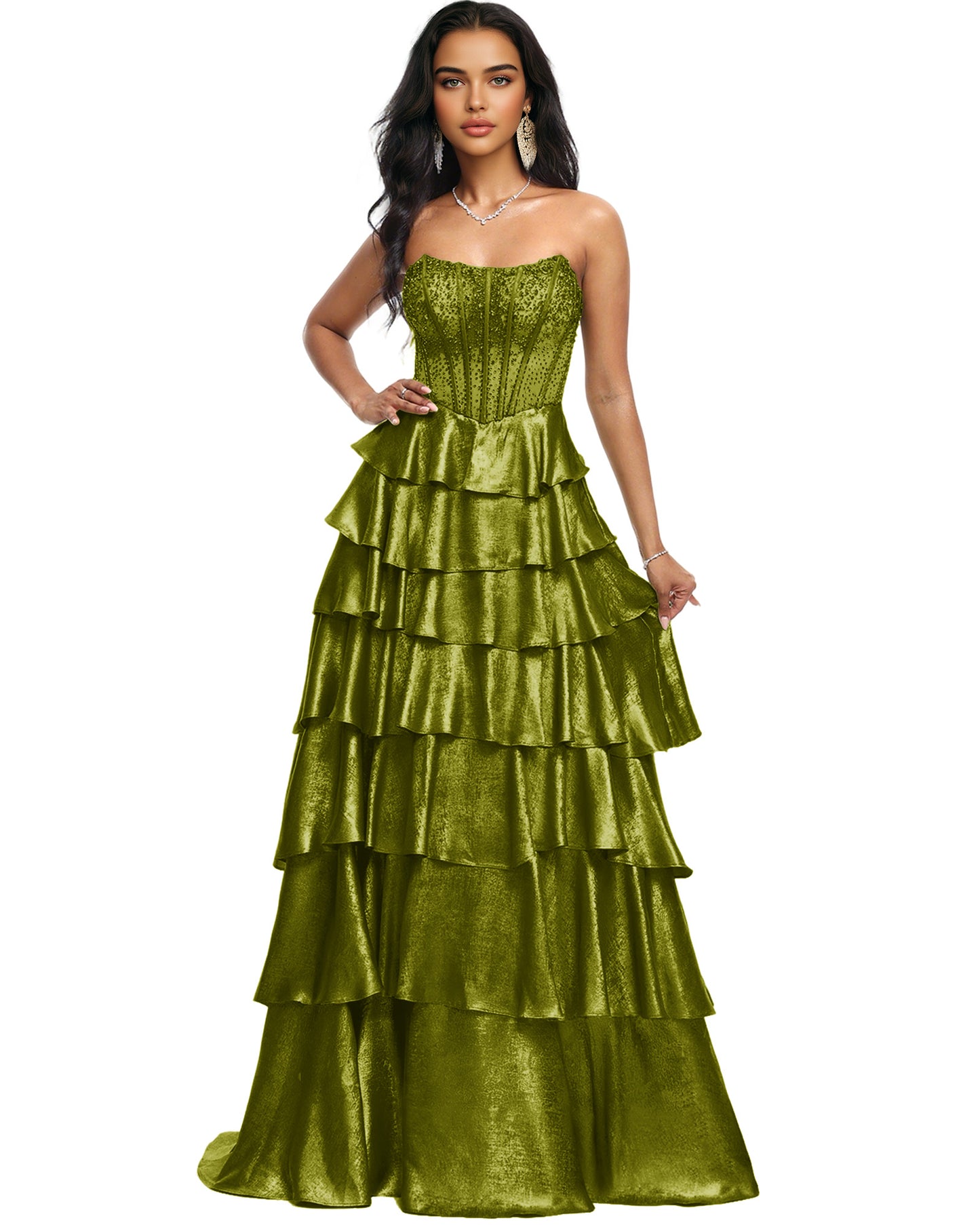 Strapless Tiered Sequin A-Line Prom Dress with Ruffle Layers