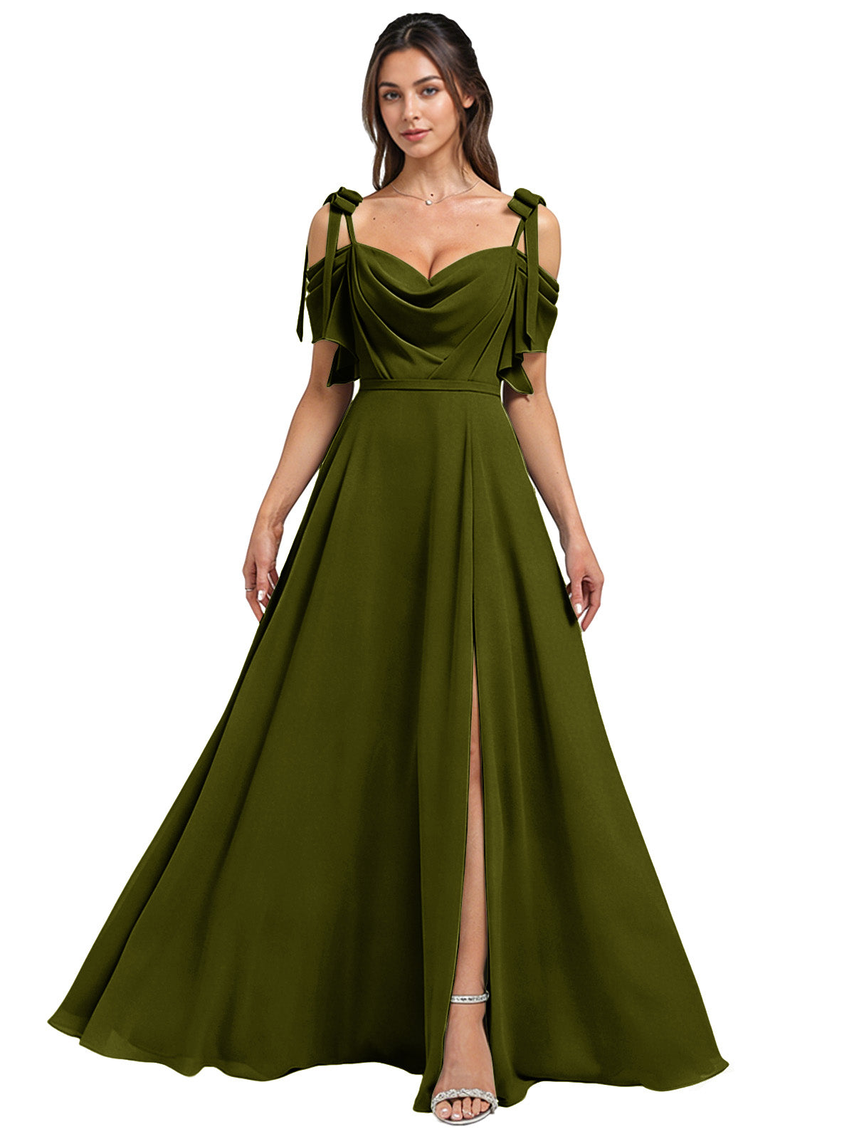 Cowl Neck Cold Shoulder Bridesmaid Dress with High Slit Chiffon Dress