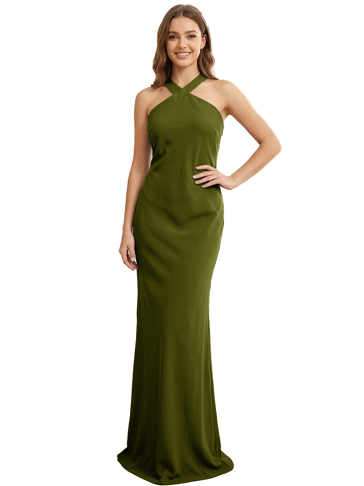 High Neck Halter Bridesmaid Dress with Sleek Column Silhouette