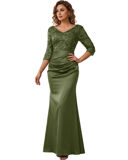 Mother of the Bride Dress Long Lace Mermaid Formal Gown with 3/4 Sleeves