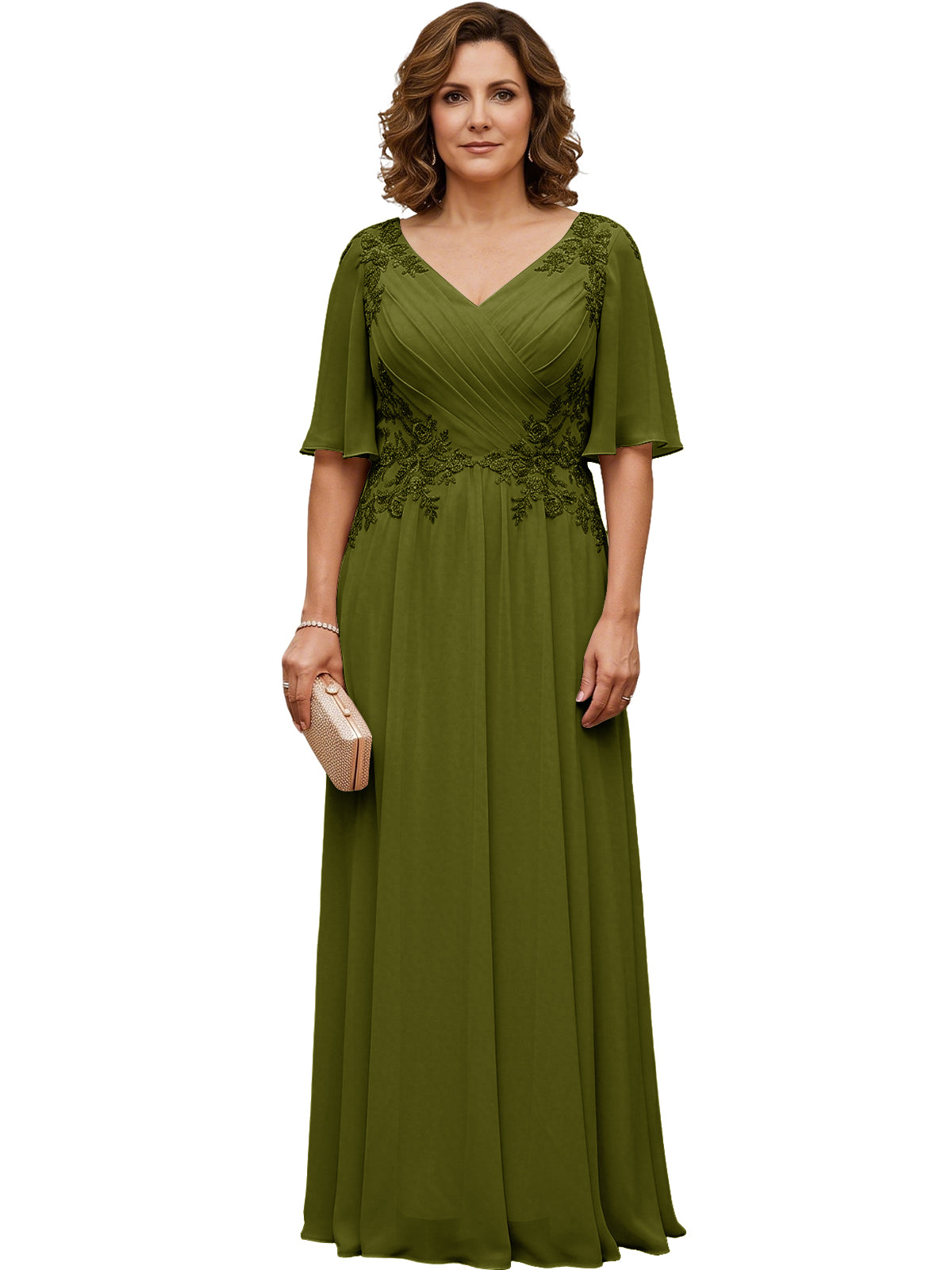 Mother of the Bride Dress Long Chiffon A-Line Gown with Flutter Sleeves and Beaded Lace