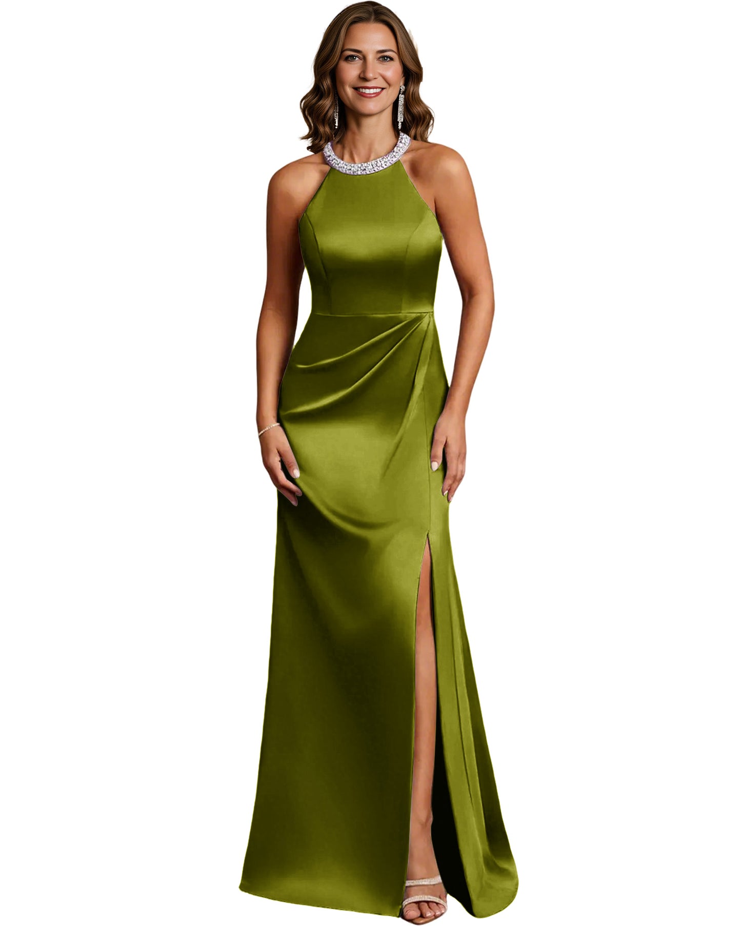 Halter Neck Mother of the Bride Dress Satin Mermaid Gown with Beaded Collar and Slit
