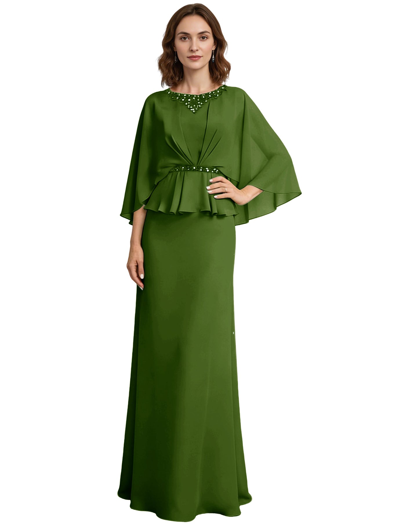 Capelet Mother of the Bride Dress Long Beaded Neck Peplum Chiffon Formal Gown