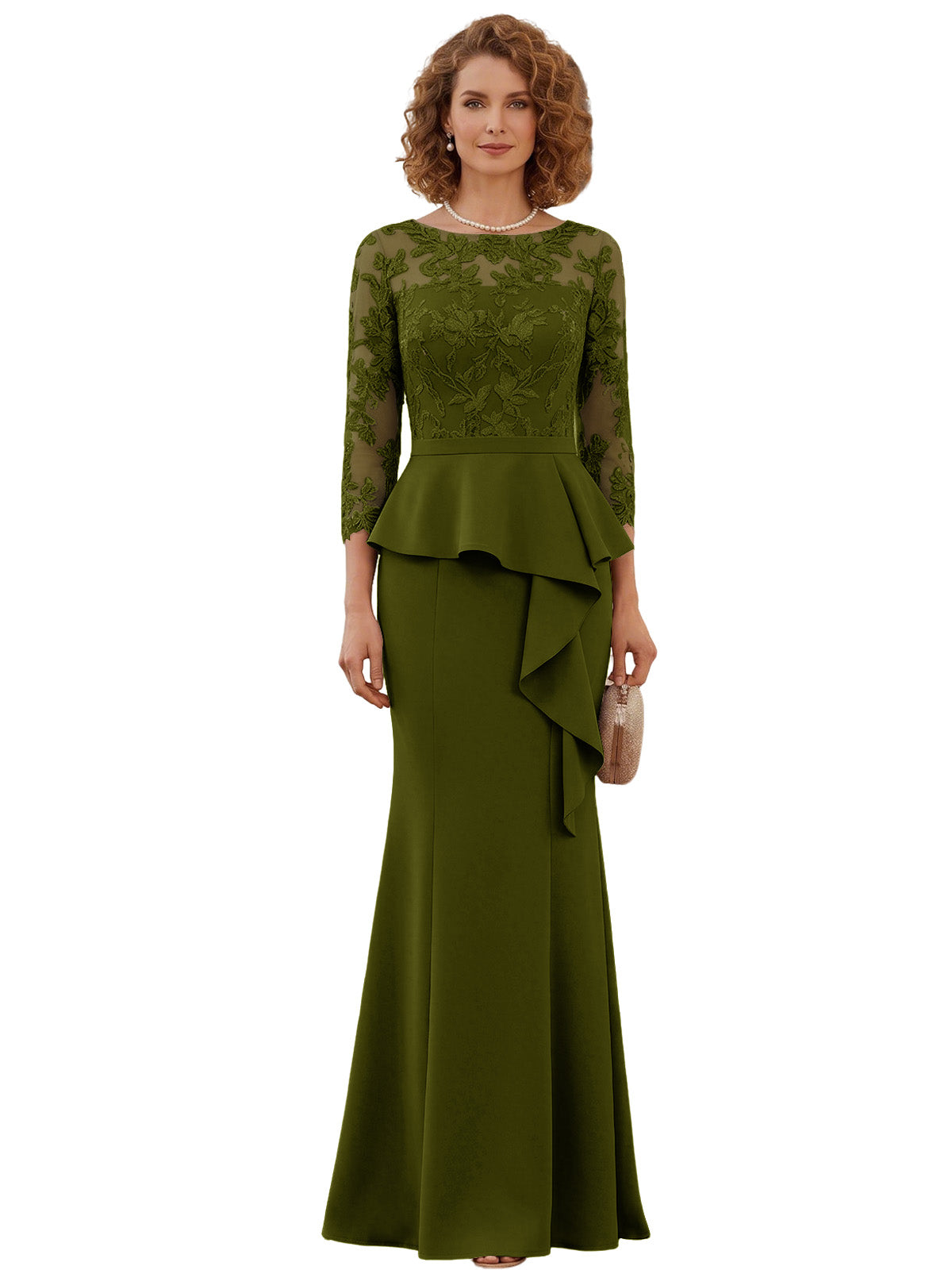Long Mother of the Bride Dress Lace Illusion Bodice Peplum Mermaid Formal Evening Gown