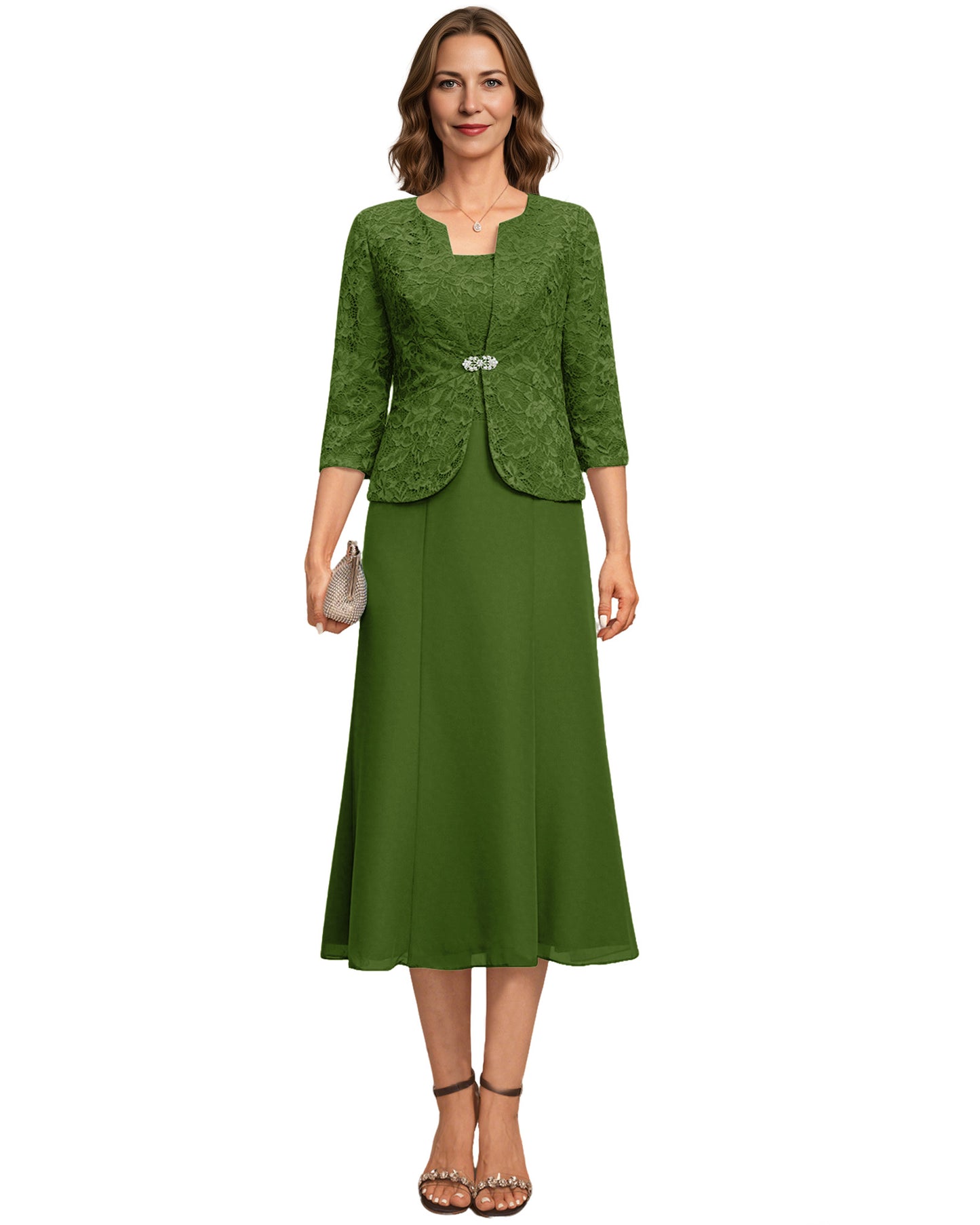 Tea Length Mother of the Bride Dress Lace Jacket Chiffon A-Line Wedding Guest Outfit