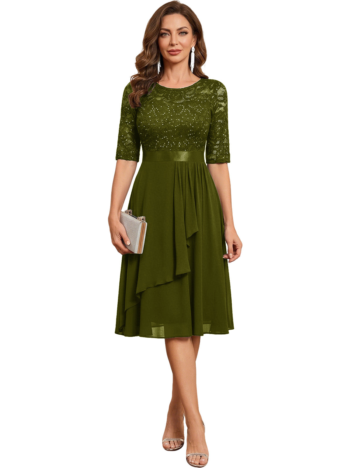 Knee Length Mother of the Bride Dress Sequined Lace Bodice Chiffon Skirt Formal Guest Outfit