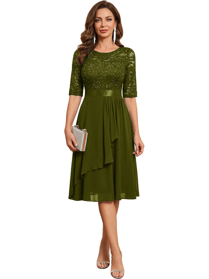 Olive Green Knee Length Mother of the Bride Dress Sequined Lace Bodice Chiffon Skirt Formal Guest Outfit color option