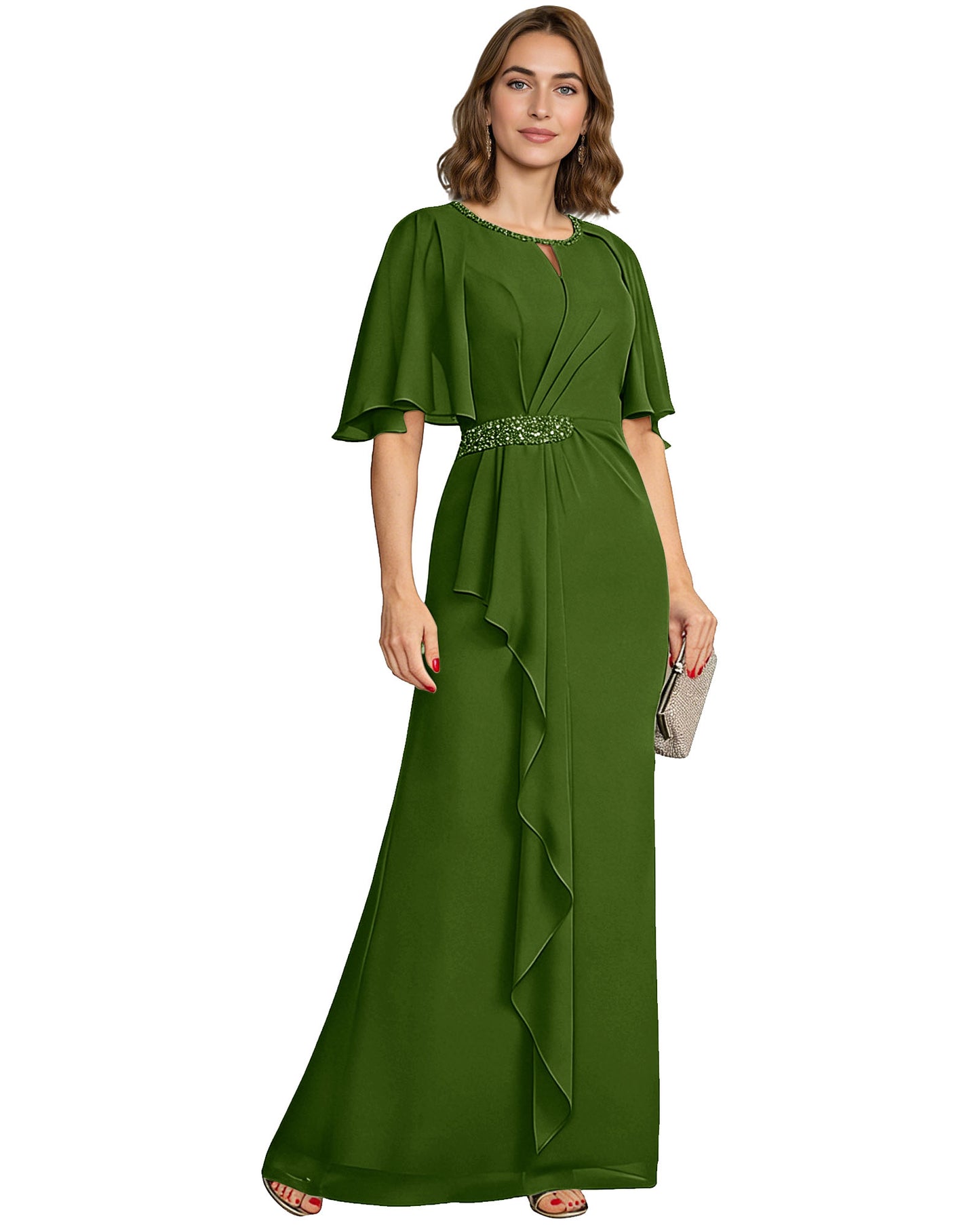 Long Mother of the Bride Dress Chiffon Flutter Sleeve Beaded Waist Formal A-Line Gown