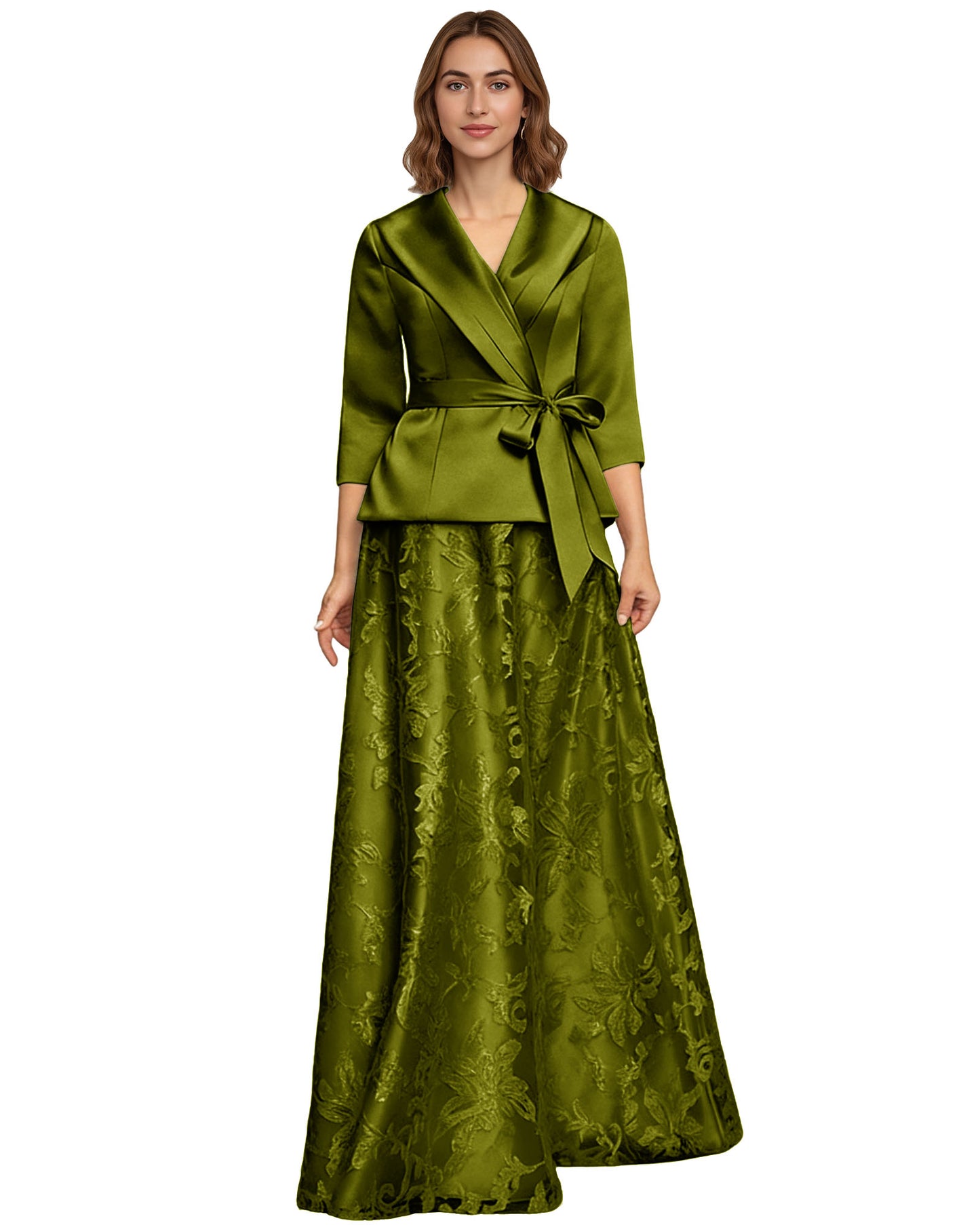 Two Piece Mother of the Bride Dress Satin Wrap Top Embroidered Long Skirt Formal Set