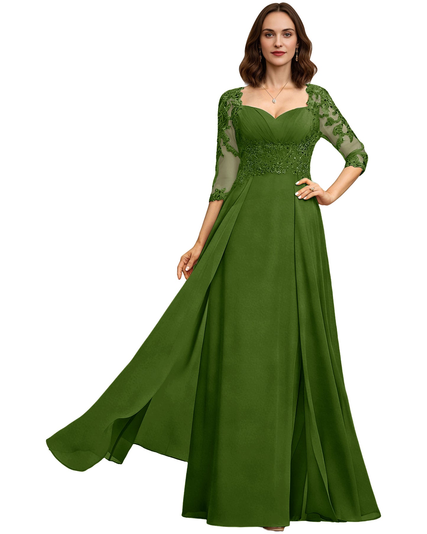 Long Sweetheart Mother of the Bride Dress Lace 3/4 Sleeve Chiffon A-Line Gown