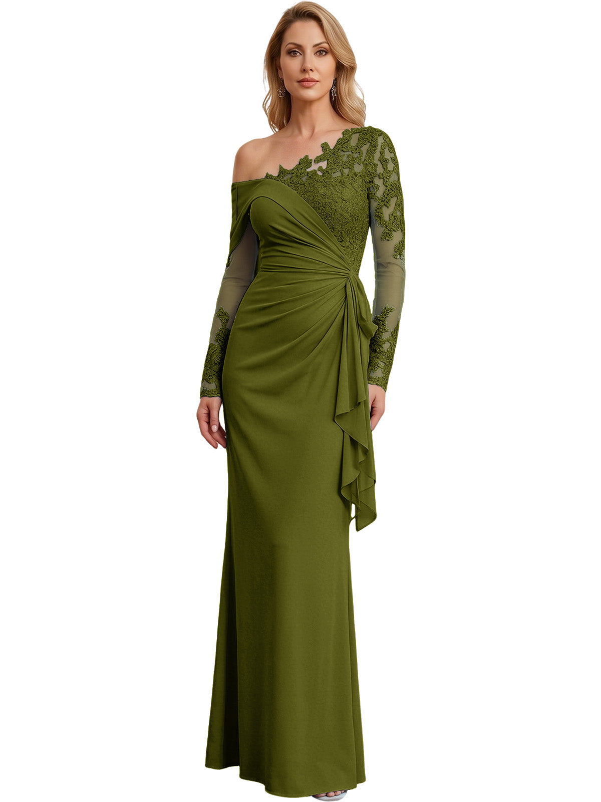 One Shoulder Mother of the Bride Gown Long Lace Sleeve Mermaid Dress with Draped Ruffle