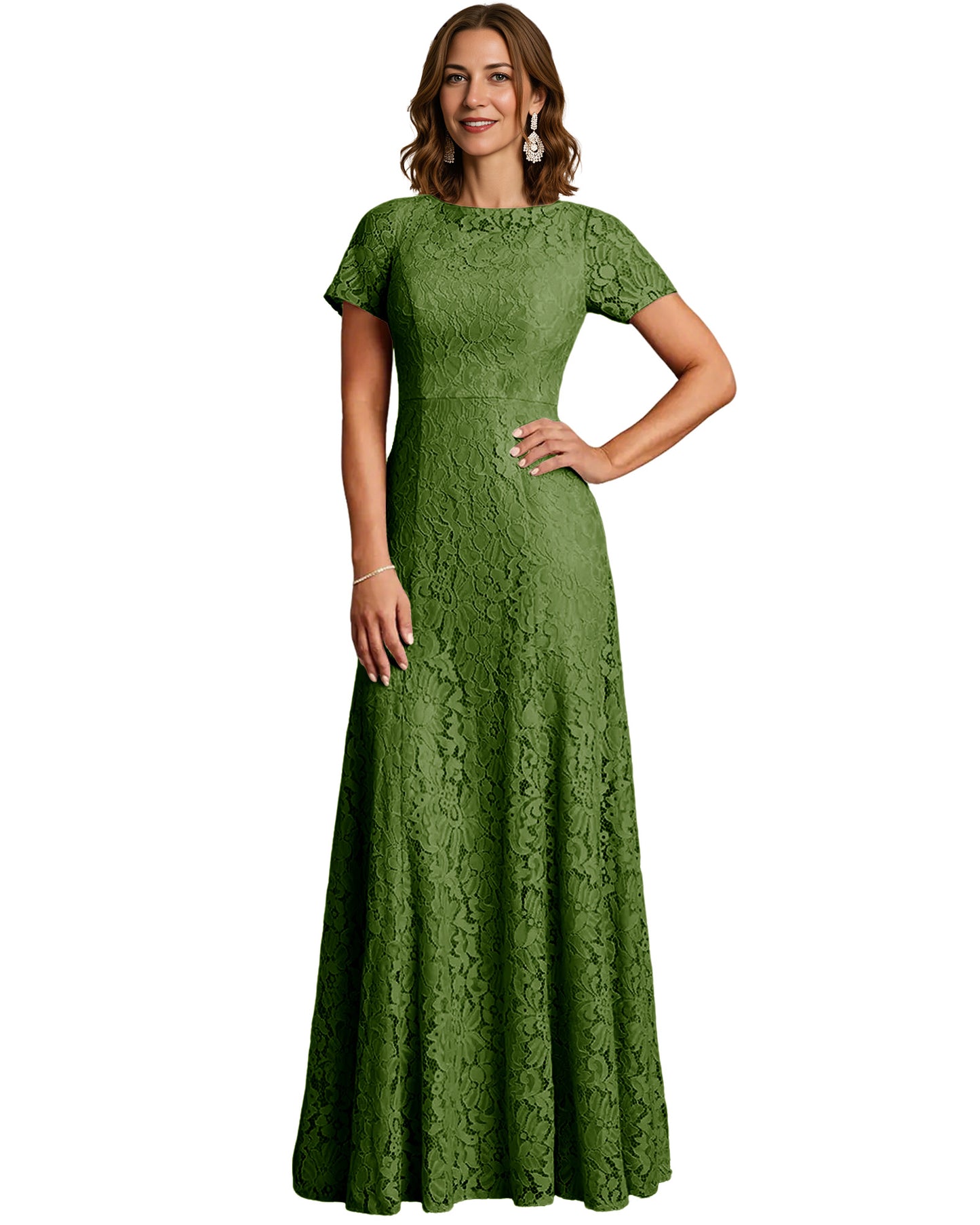 Long Lace Mother of the Bride Dress Short Sleeve Mermaid Gown with Crew Neckline