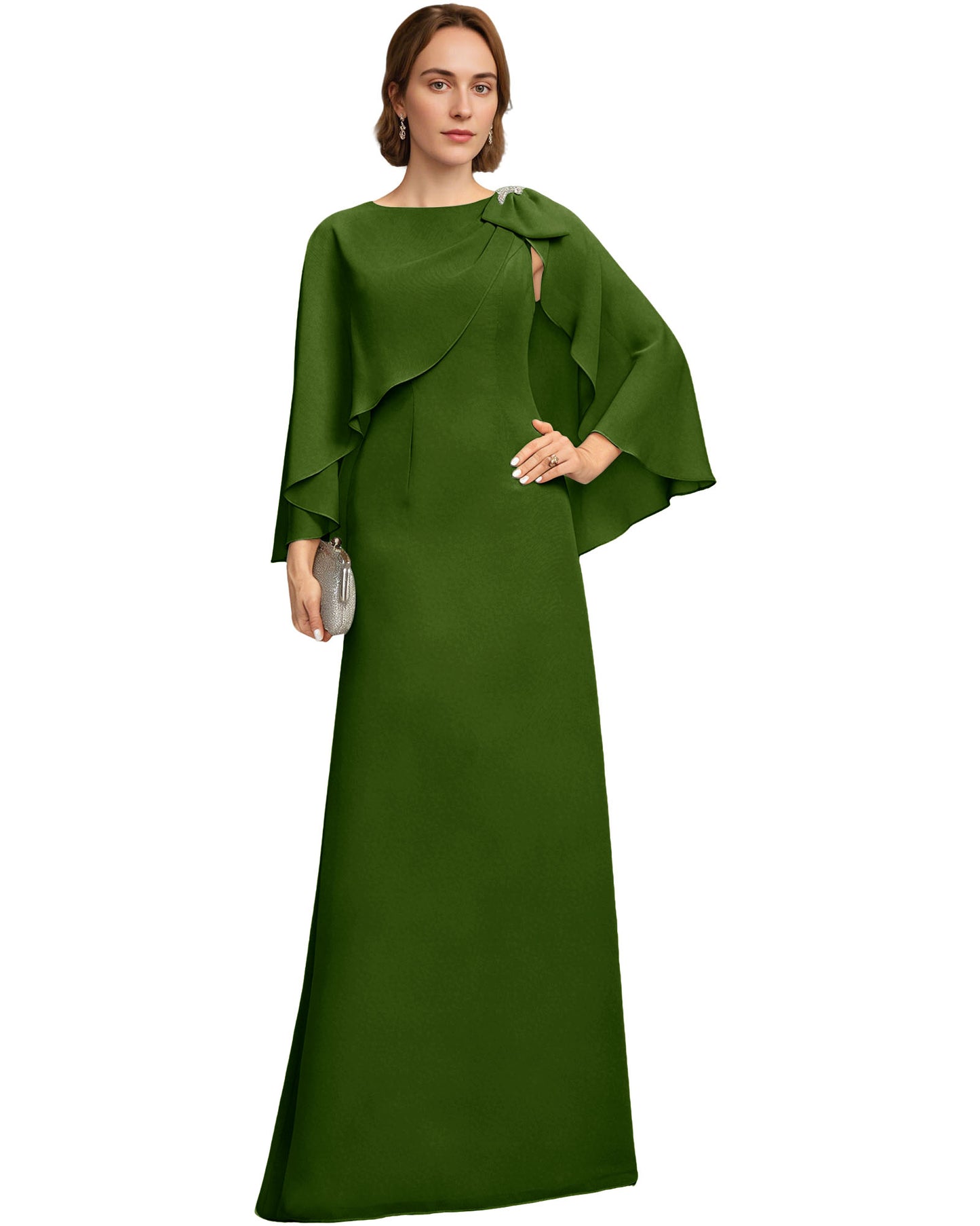 Long Cape Sleeve Mother of the Bride Dress Jewel Neck Chiffon Column Gown with Bow Detail