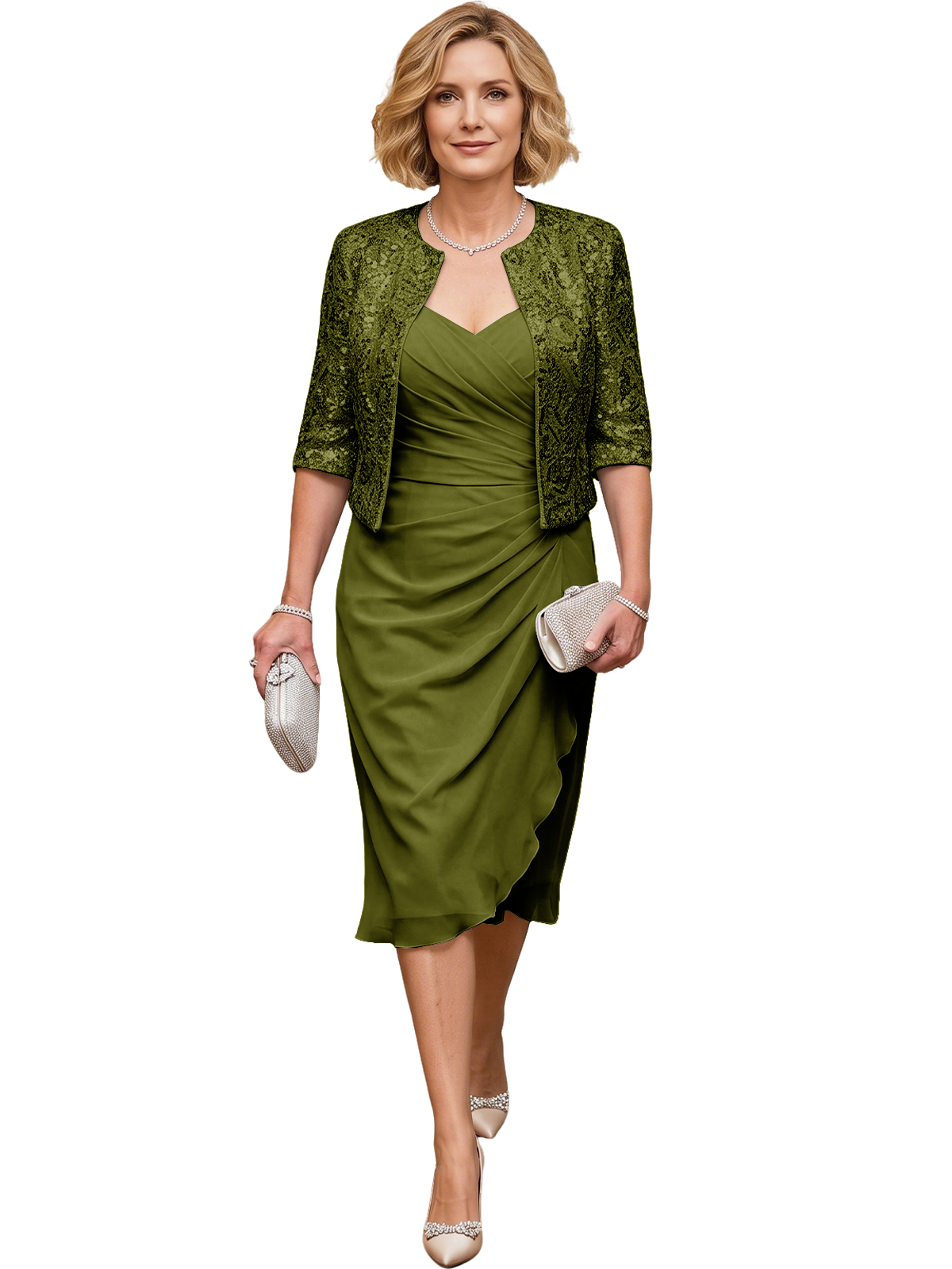 Mother of the Bride Dress with Jacket Tea Length Ruched Chiffon Wedding Guest Outfit