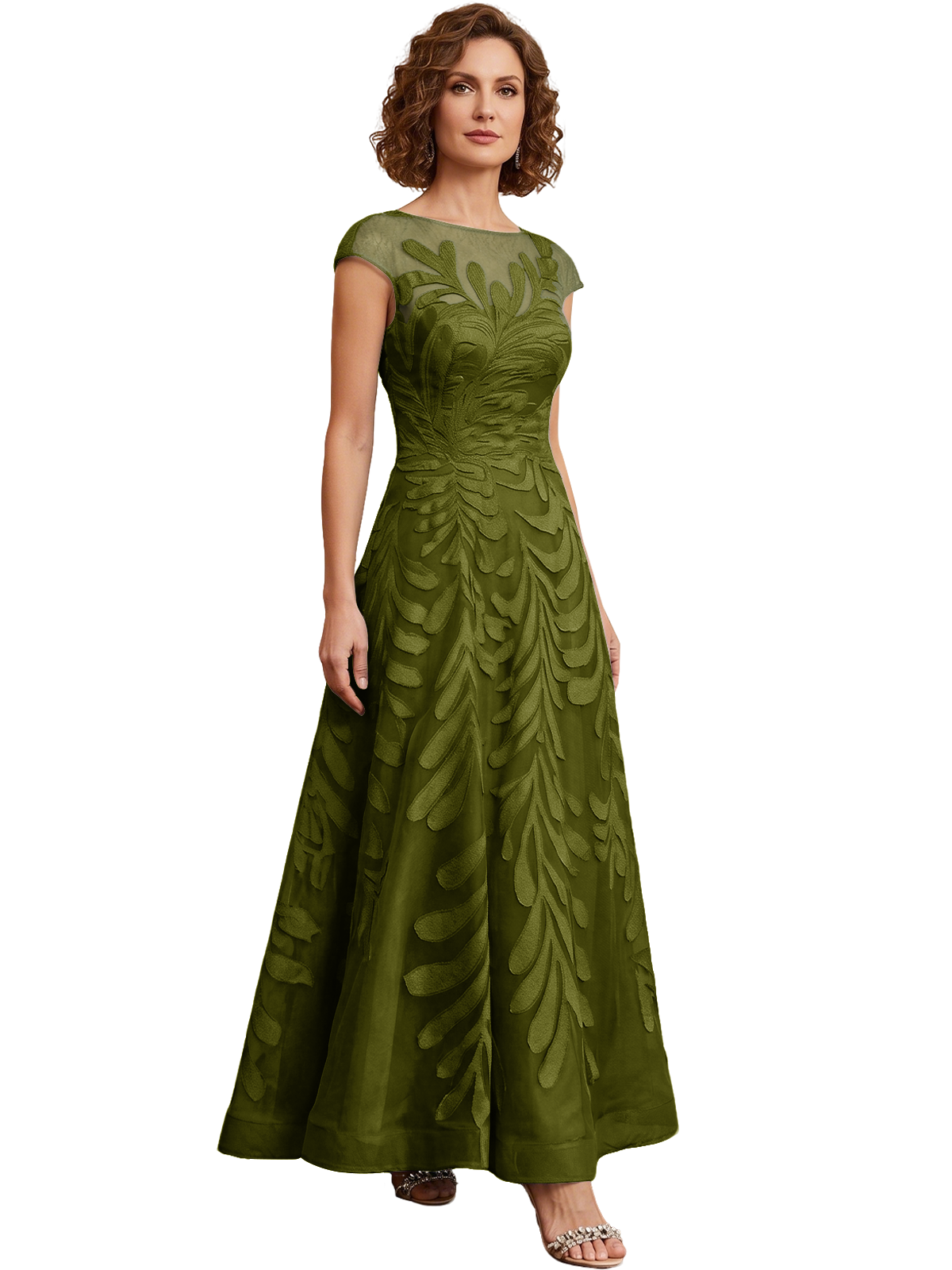Embroidered Tulle Mother of the Bride Dress Long A-Line Gown with Illusion Cap Sleeves