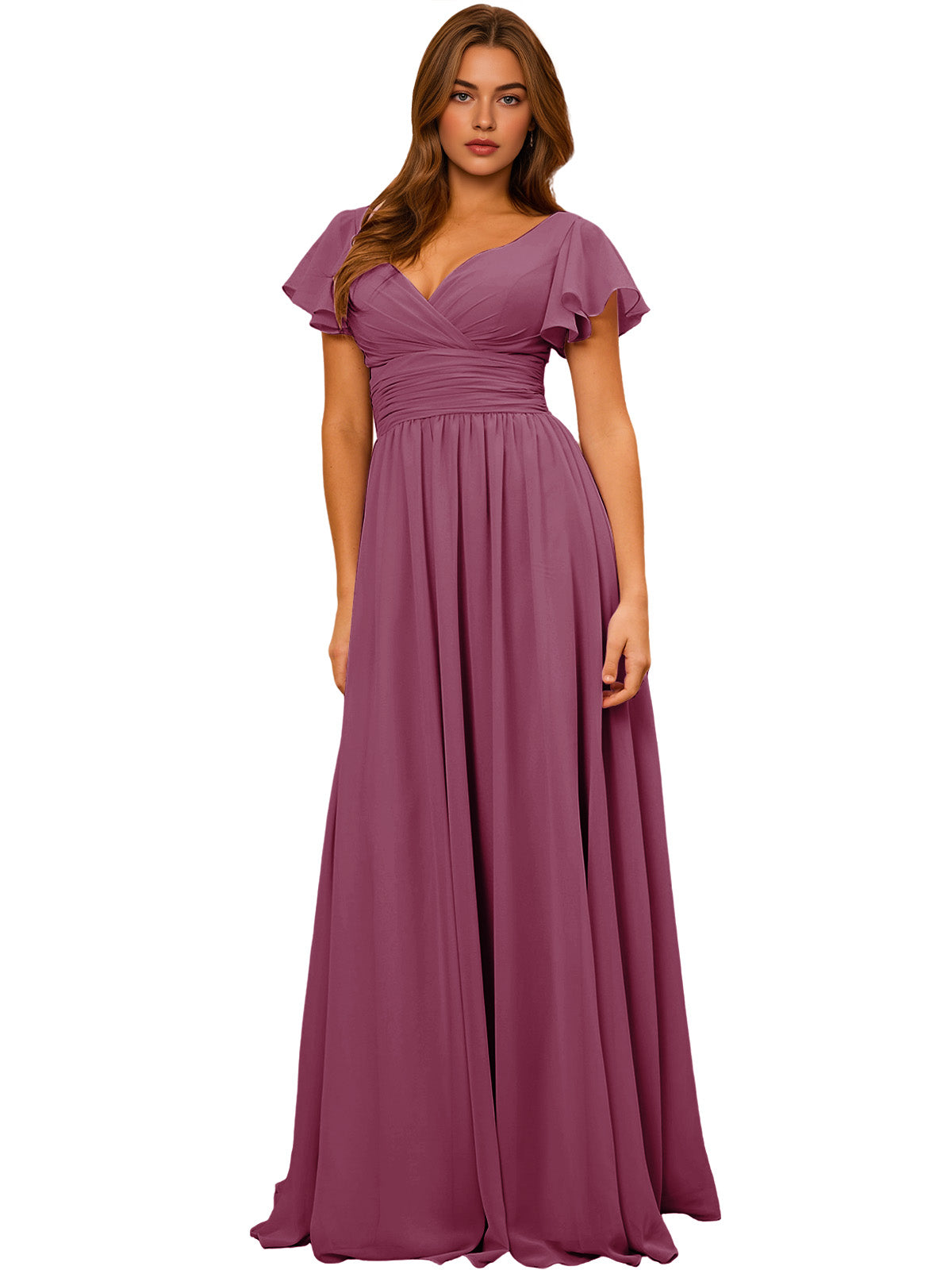 V-Neck Flutter Sleeve Chiffon Bridesmaid Dress with Empire Waist