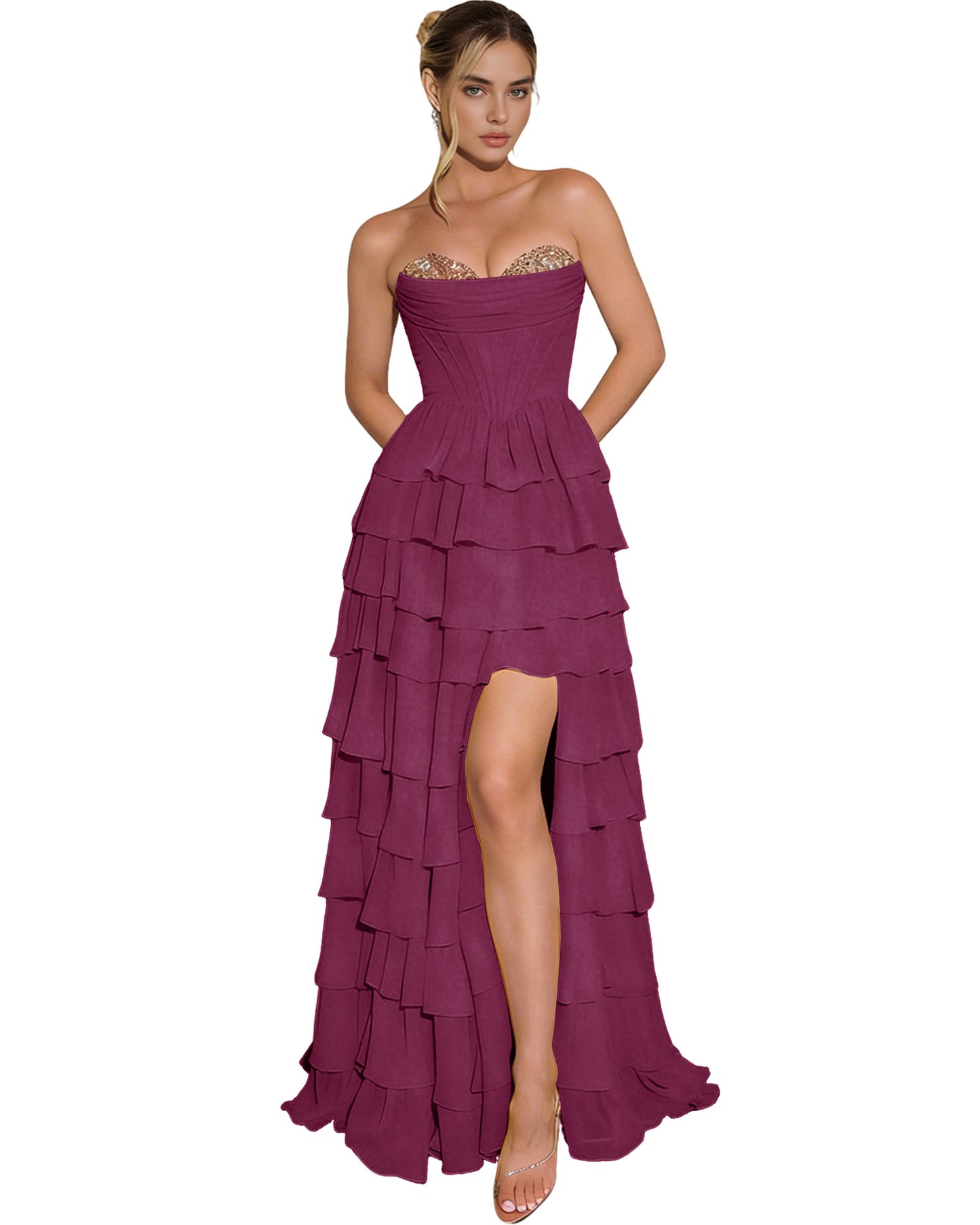 Strapless Layered Tulle Prom Dress with Corset Bodice and High Low Hem