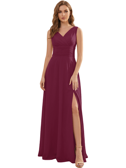 V-Neck Chiffon Bridesmaid Dress with Ruched Waist and Slit