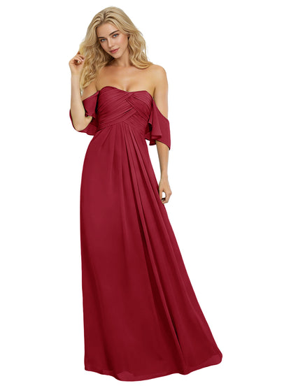 Off Shoulder Chiffon Bridesmaid Dress with Bow Sleeve Detail