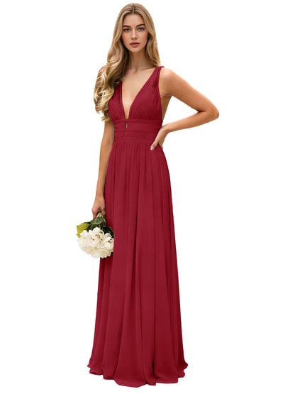 Spaghetti Strap V-Neck Chiffon Bridesmaid Dress with Open Back