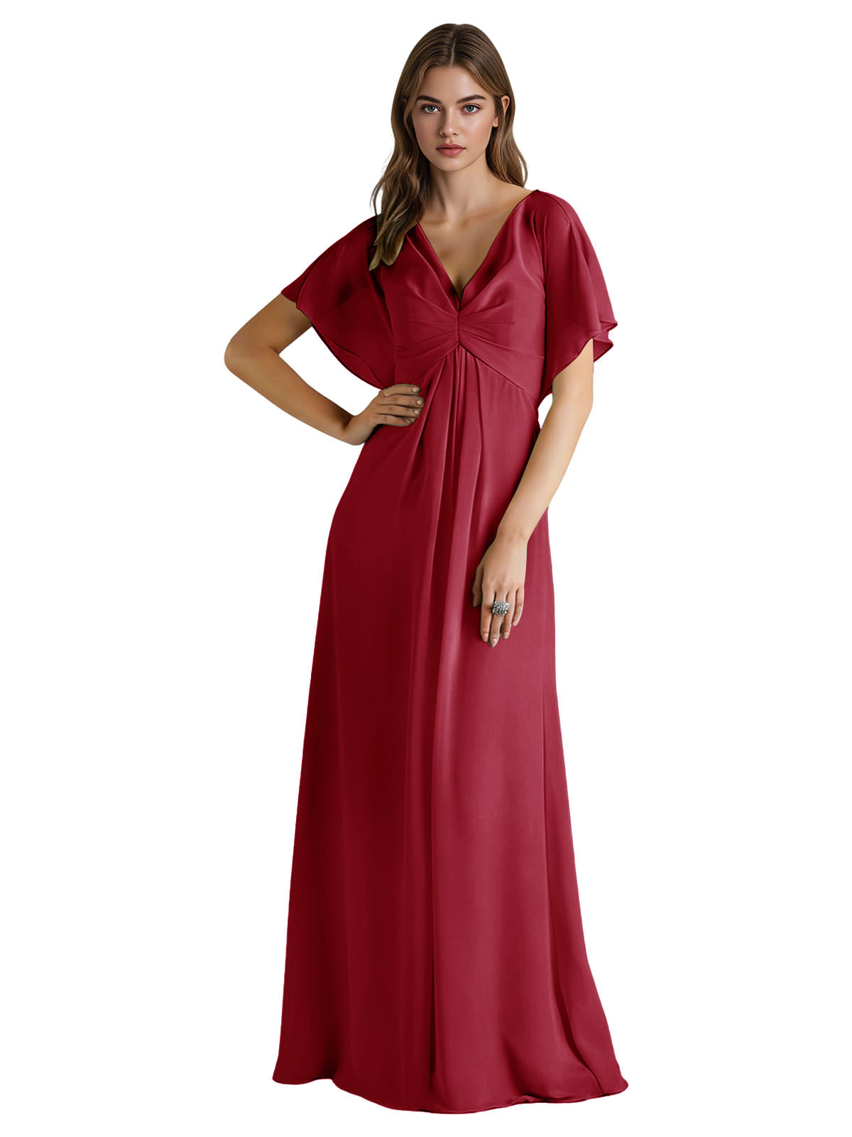 Short Sleeve V-Neck Chiffon Bridesmaid Dress with Gathered Waist