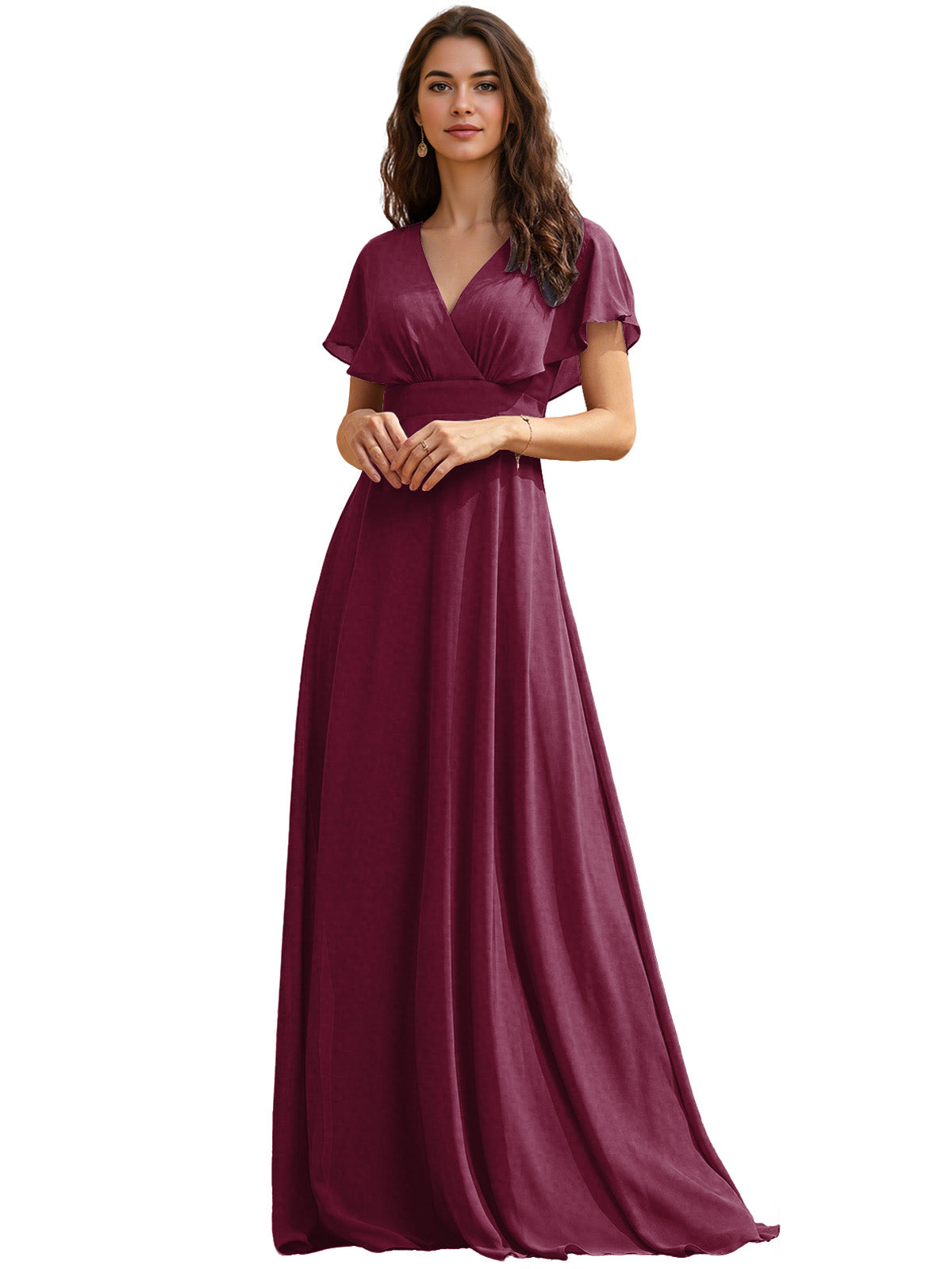 Flutter Sleeve V-Neck Chiffon Bridesmaid Dress with Flowing dress