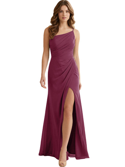 One Shoulder Ruched Chiffon Bridesmaid Dress with Front Slit